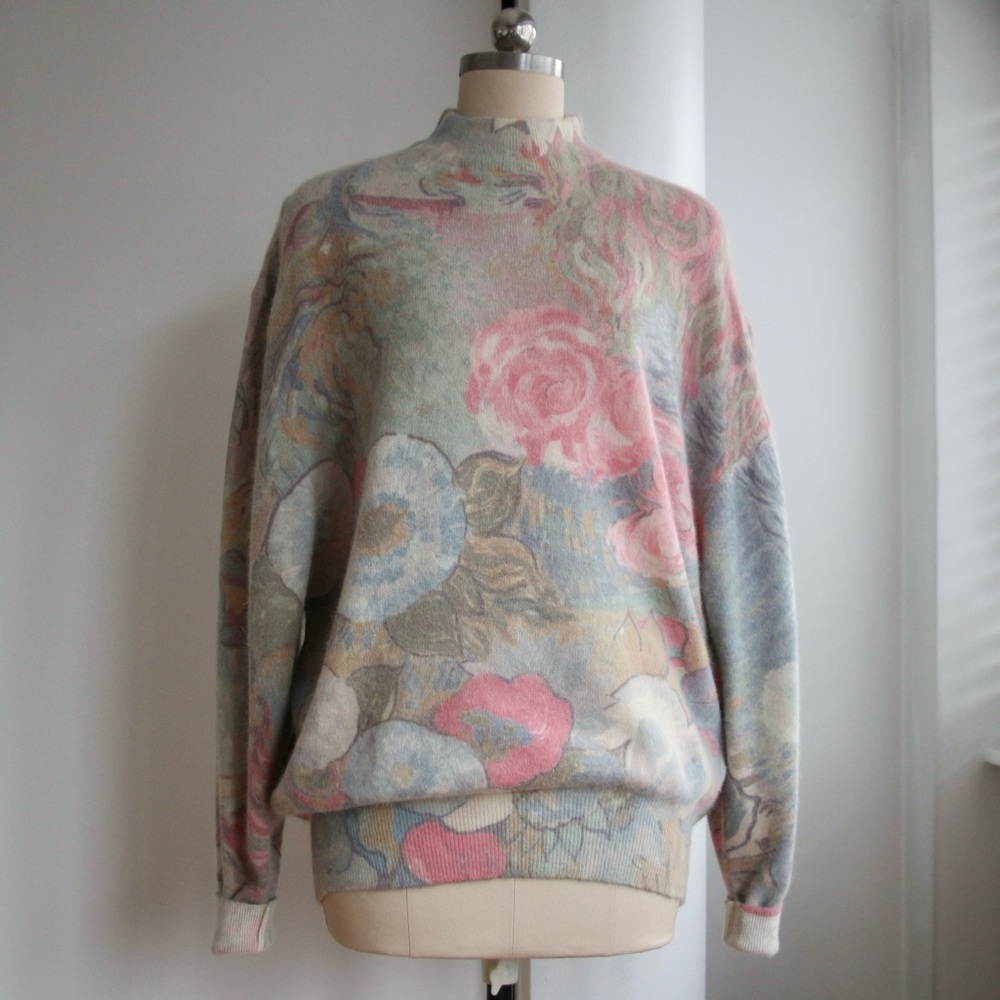 1980's Post Impressionism Floral Angora Knit Sweater